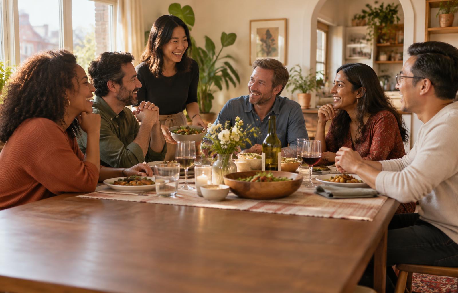 A host and guests laughing and sharing stories over dinner in a welcoming home